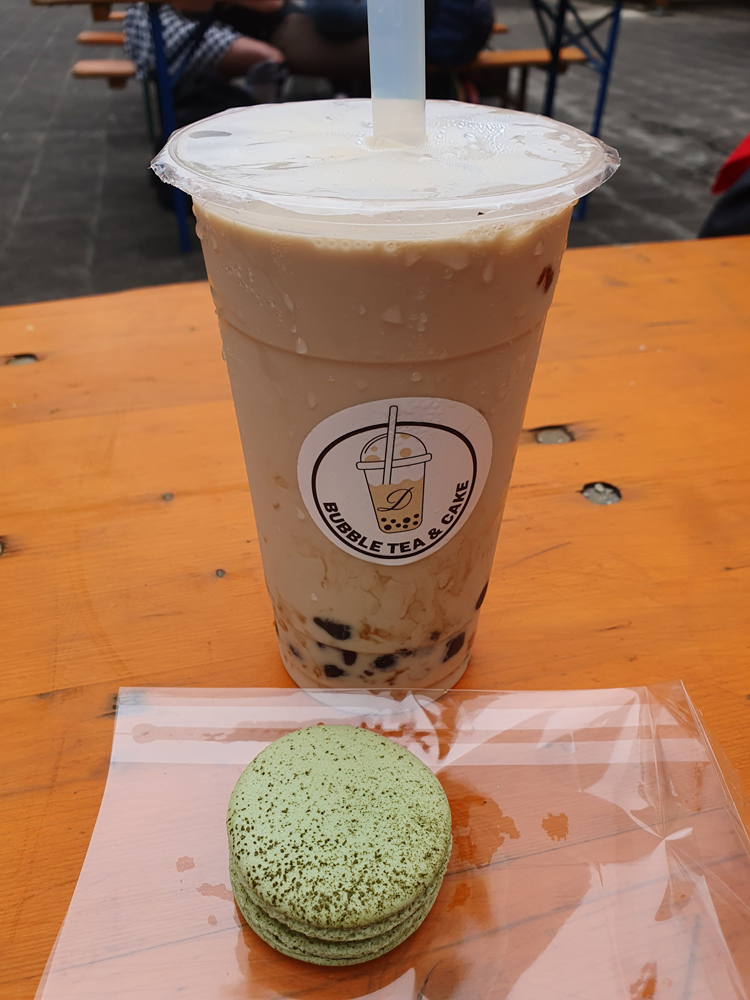 Matcha flavoured Bubbletea and a matcha macaron