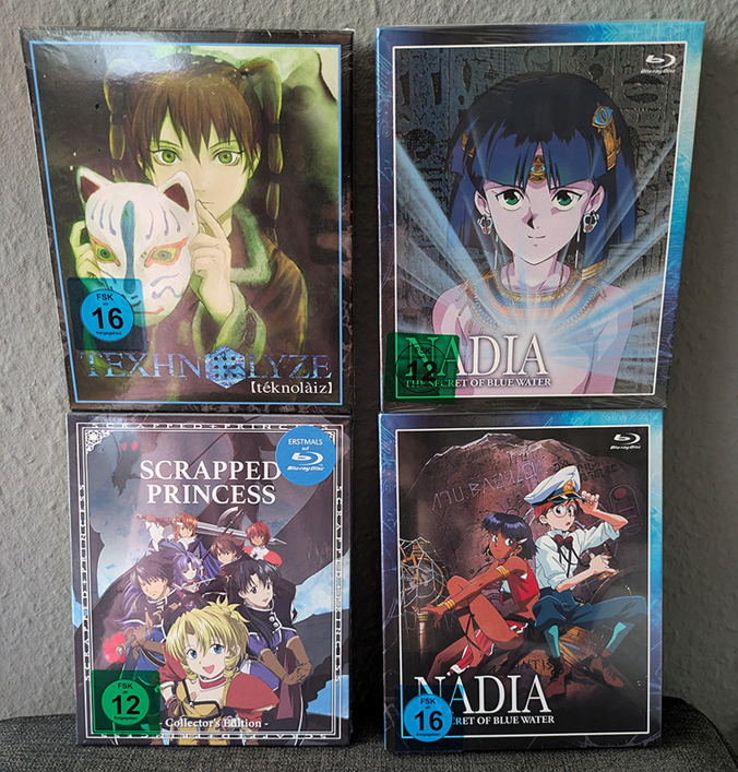 photo of 4 Anime blue ray sets: Scrapped Princess, Season one and two of Nadia Secret of Blue water and Texhno Lyze
